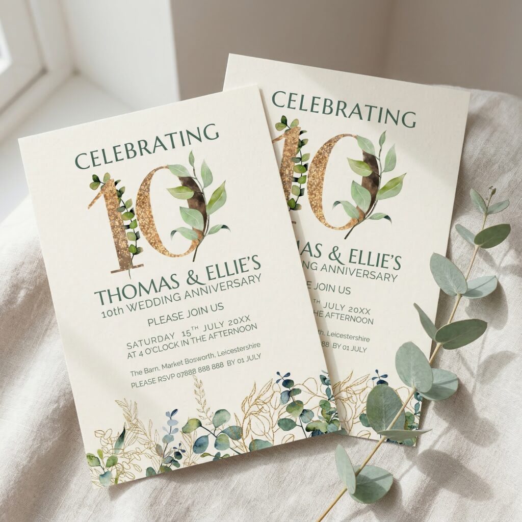 A wedding anniversary invitation marking 10 years with eucalyptus clipart. On a linen background with a sprig of Euclayptus.