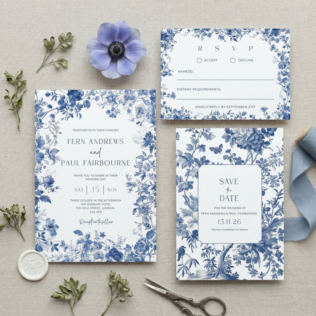 Blue Toile Wedding Suite showing blue wedding invitation, save the date card and RSVP.