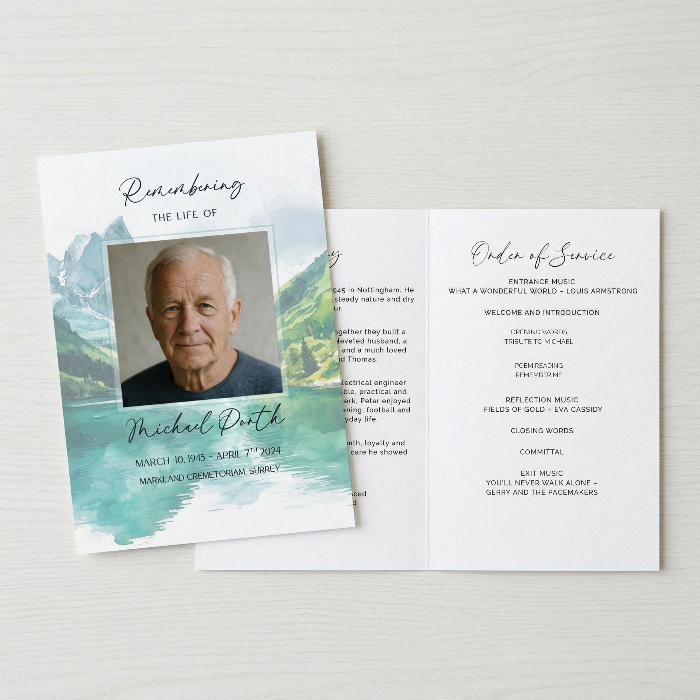 A Funeral stationery order of service with watercolour lake design