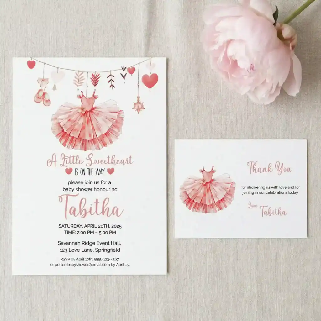 A Little Sweetheart baby shower invitation and thank you card on a linen background with a pink peony