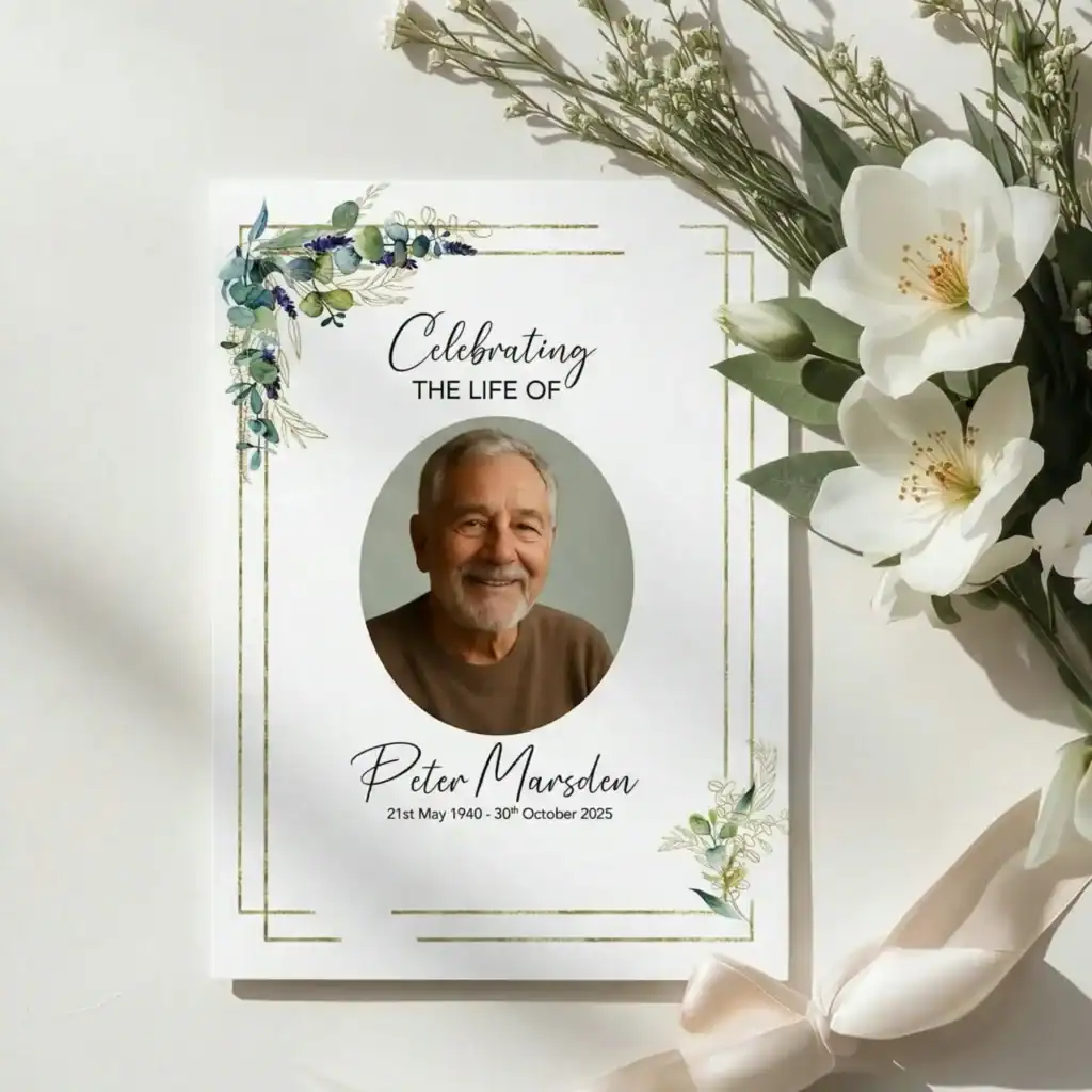 A funeral order of service shown with white flowers. The design has greenery leaves and a gold border
