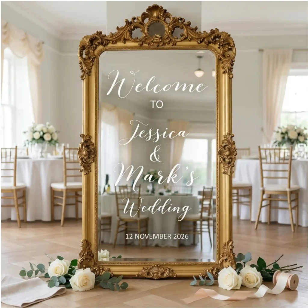 A large free standing mirror at a wedding venue with a custom vinyl sign added - personalised to the bride and groom