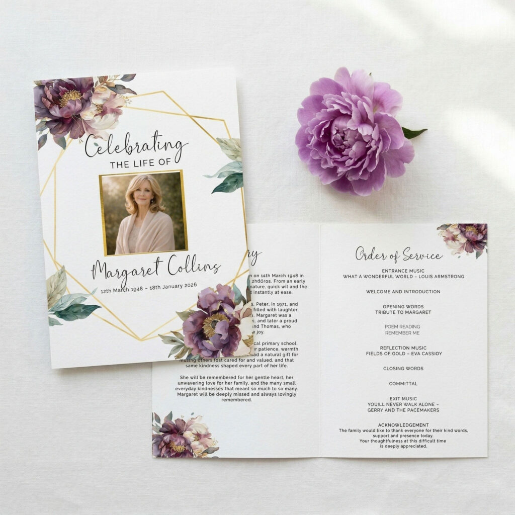 A pretty order of service for a funeral with a purple peony design.
