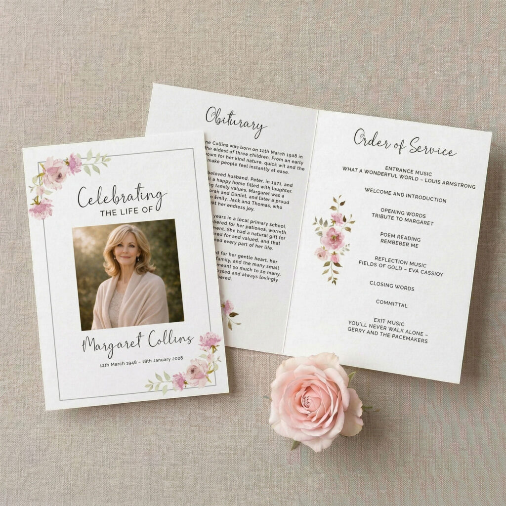 Soft pink roses on a funeral order of service. Part of our funeral stationery selection