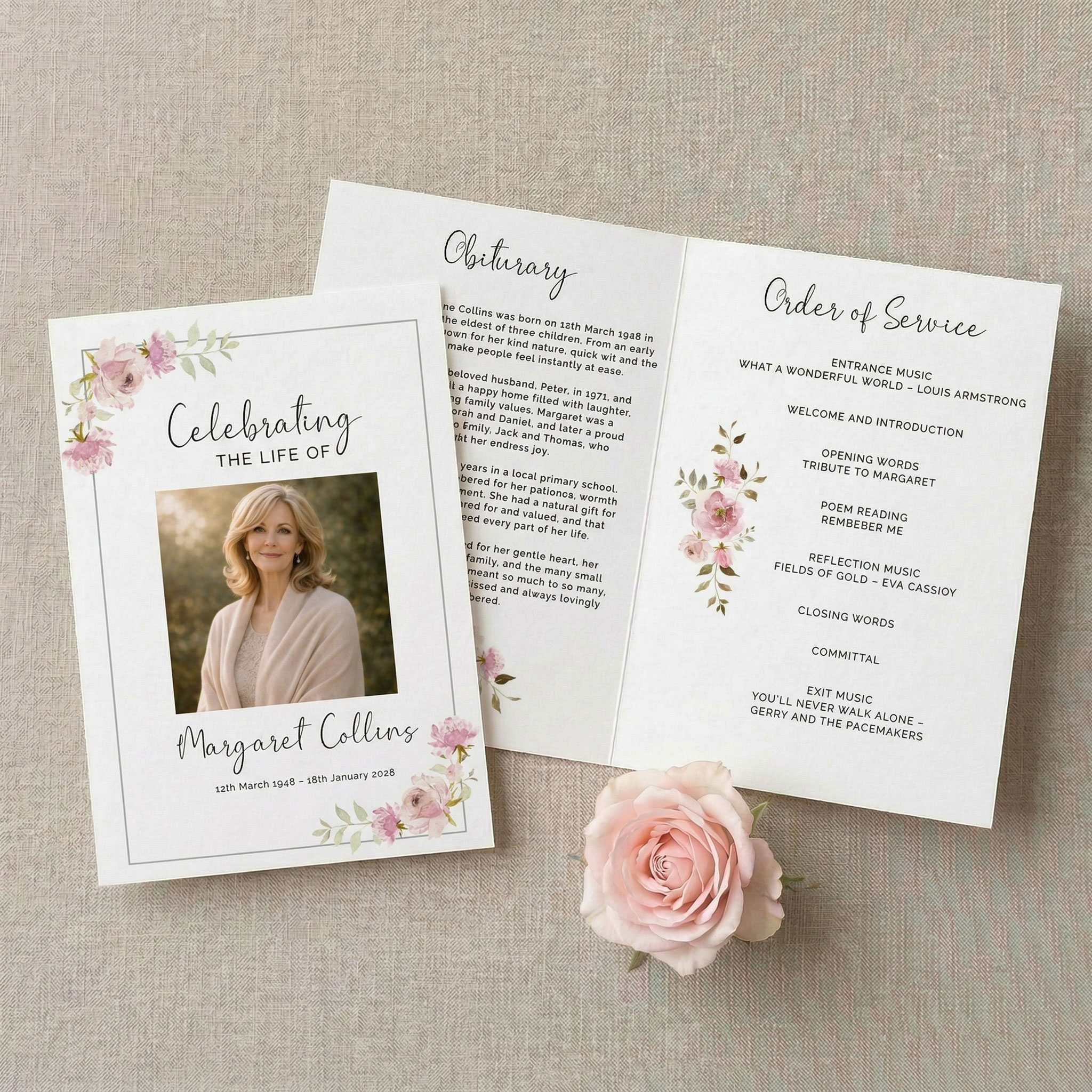 Soft pink roses on a funeral order of service. Part of our funeral stationery selection