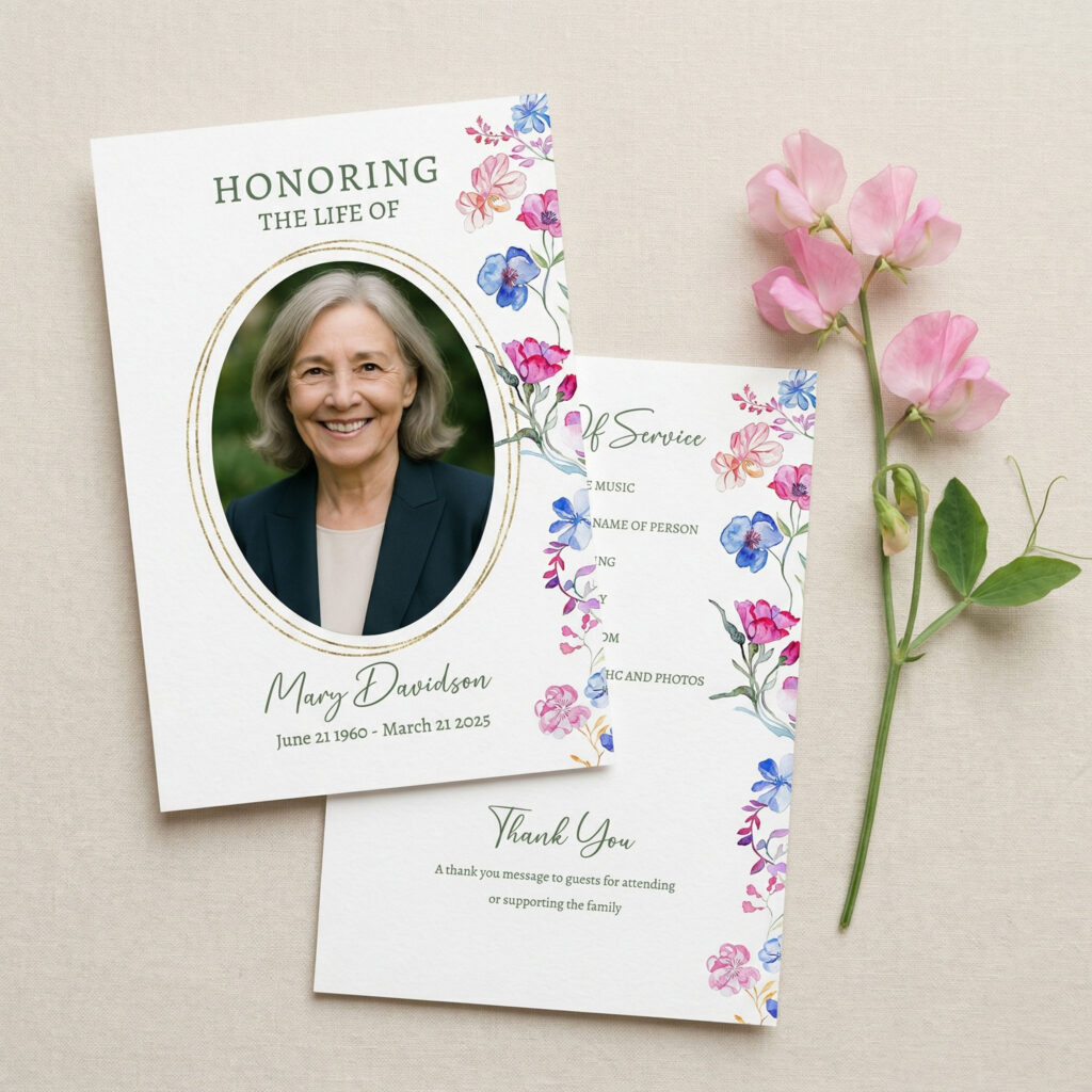 A funeral order of service with a sweet pea design