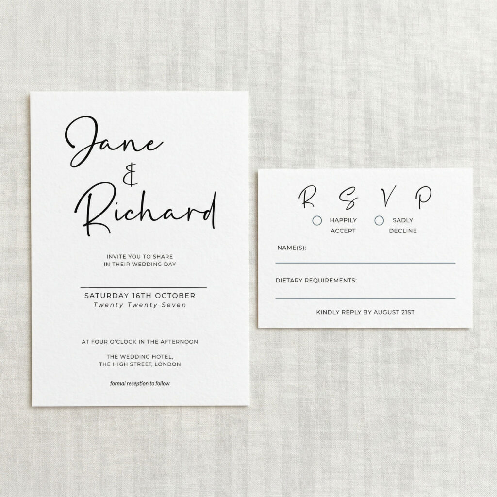 A minimalist style wedding invitation and rsvp which are part of a minimal design suite