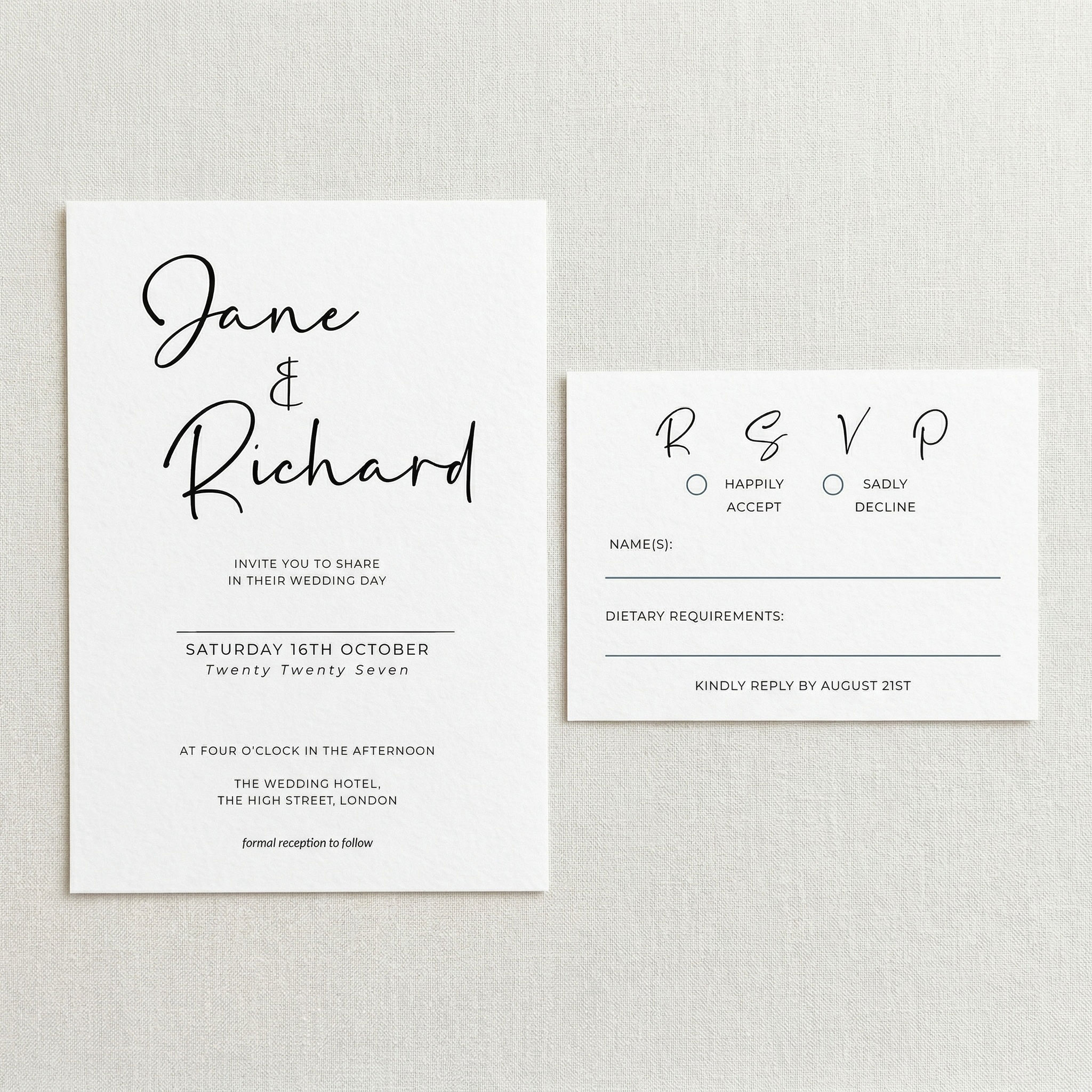 A minimalist style wedding invitation and rsvp which are part of a minimal design suite
