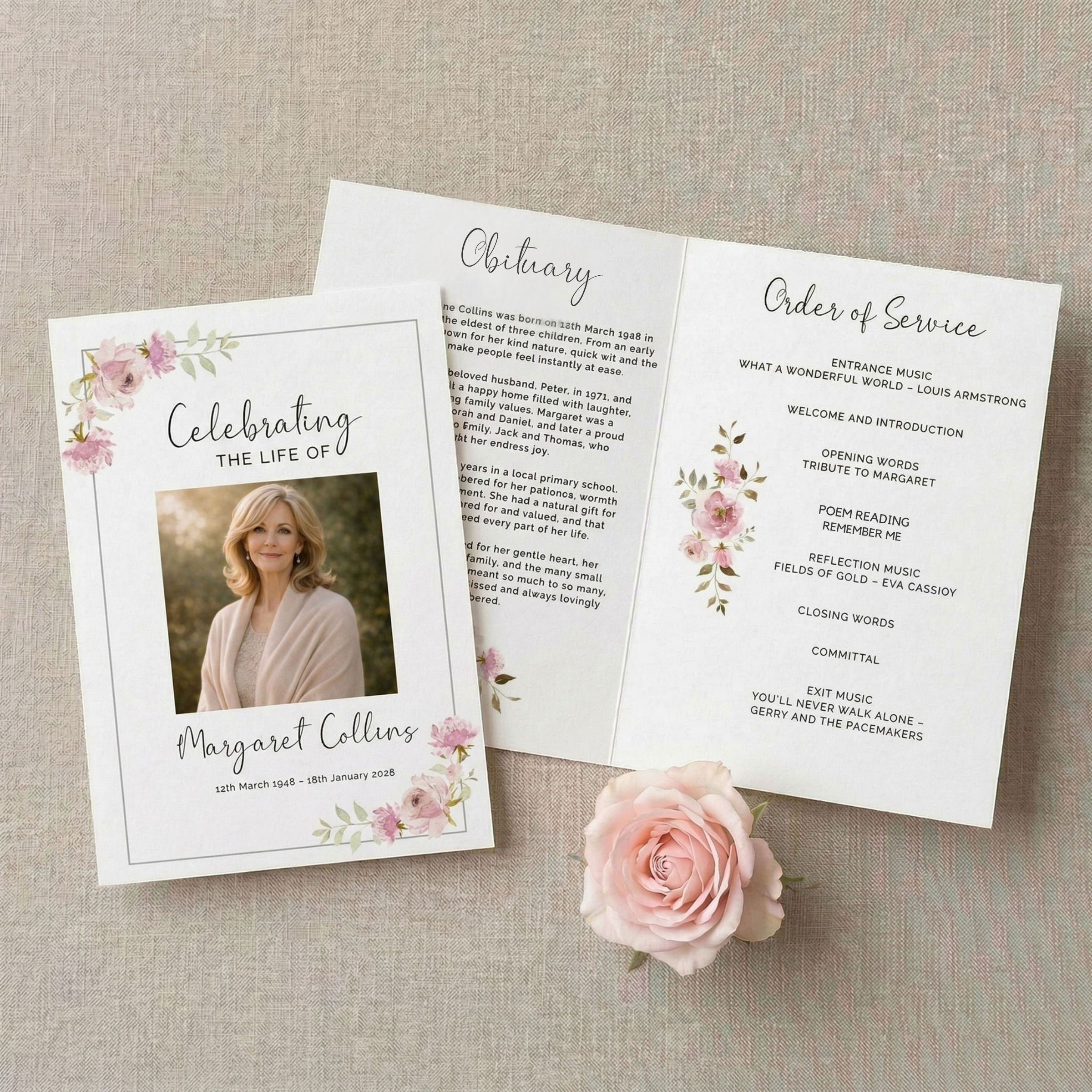 A funeral order of service with a soft pink rose design