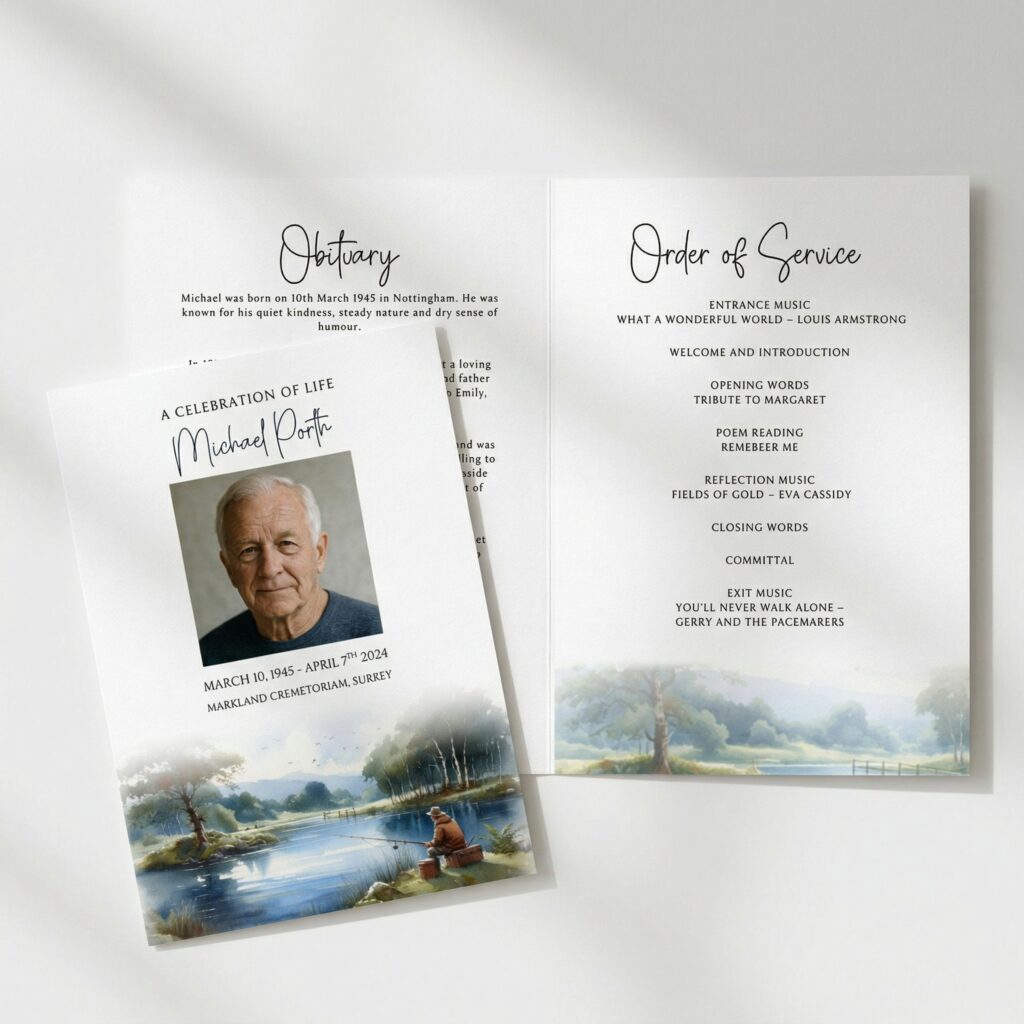 a 2 page and 4 page order of service for a funeral with a watercolour scene. Part of our funeral stationery collection