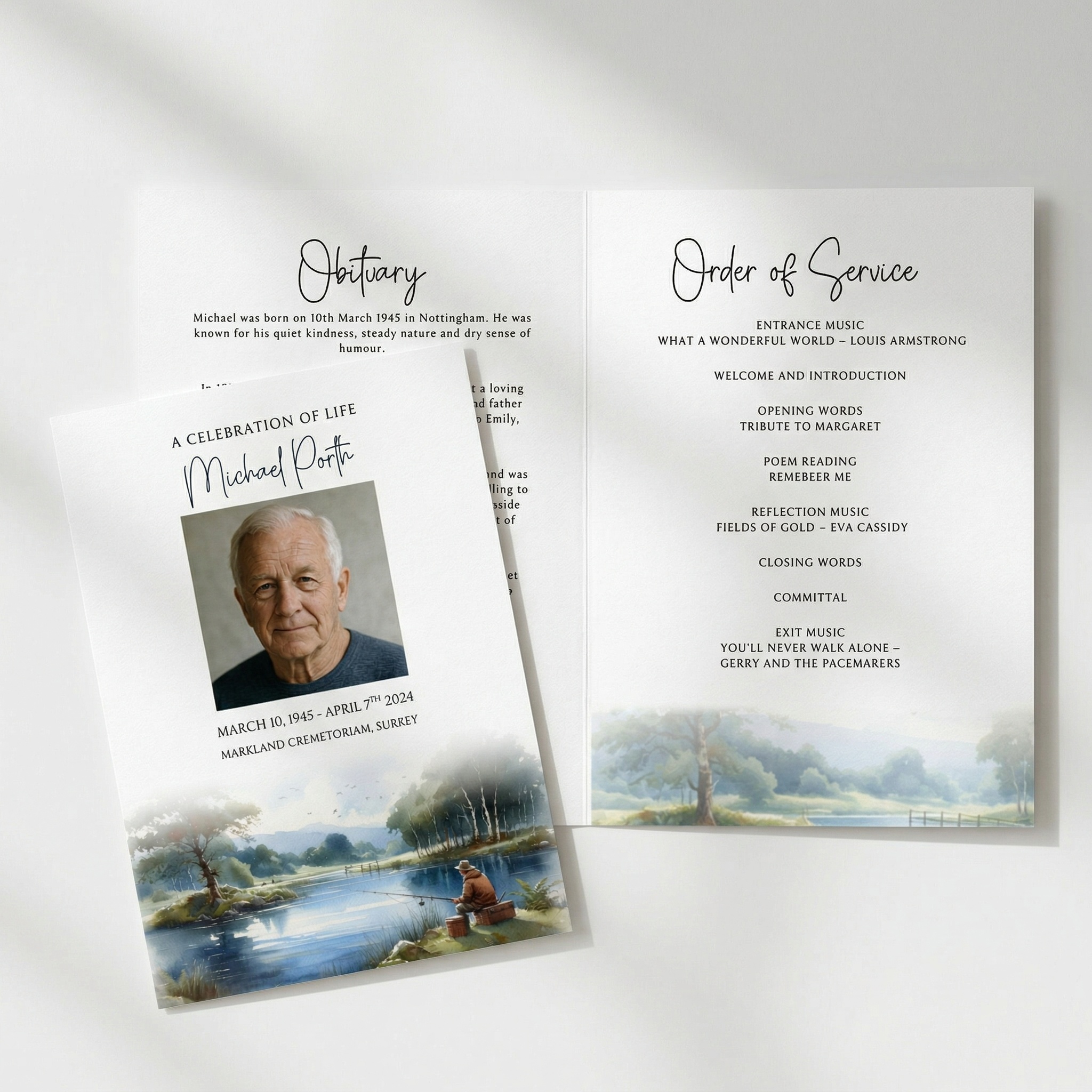 a 2 page and 4 page order of service for a funeral with a watercolour scene. Part of our funeral stationery collection