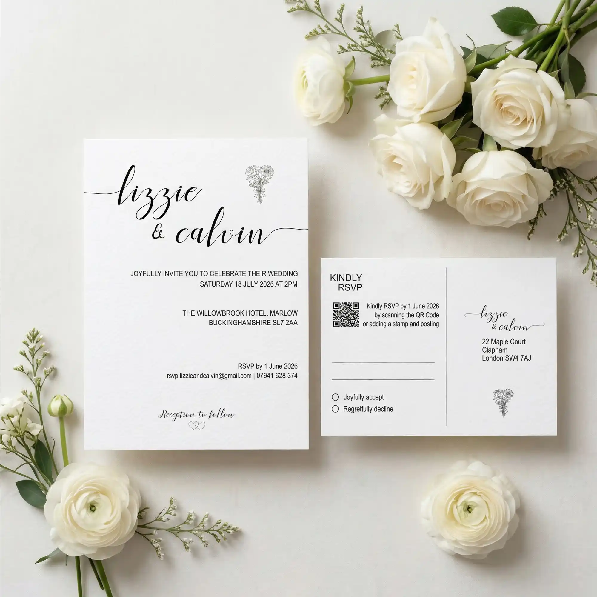 Modern Mono Line Flower Wedding invitation and RSVP card