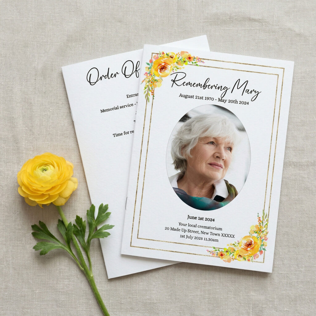 A yellow roses design on a funeral order of service.