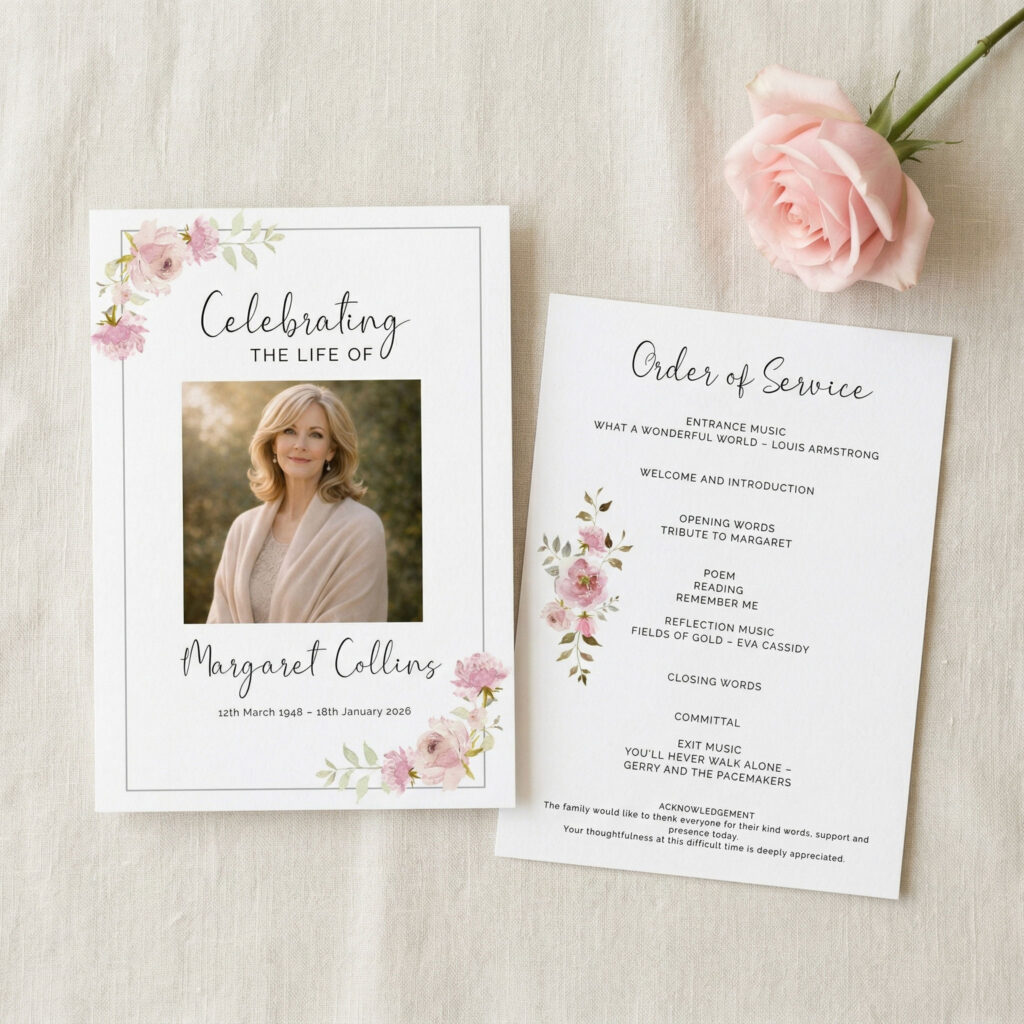a 2 sided A5 order of service printed on white card with a soft pink roses design