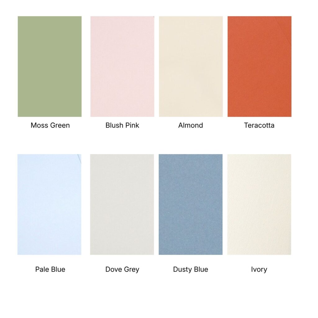 Range of envelope colours available at Isla May Evergreen