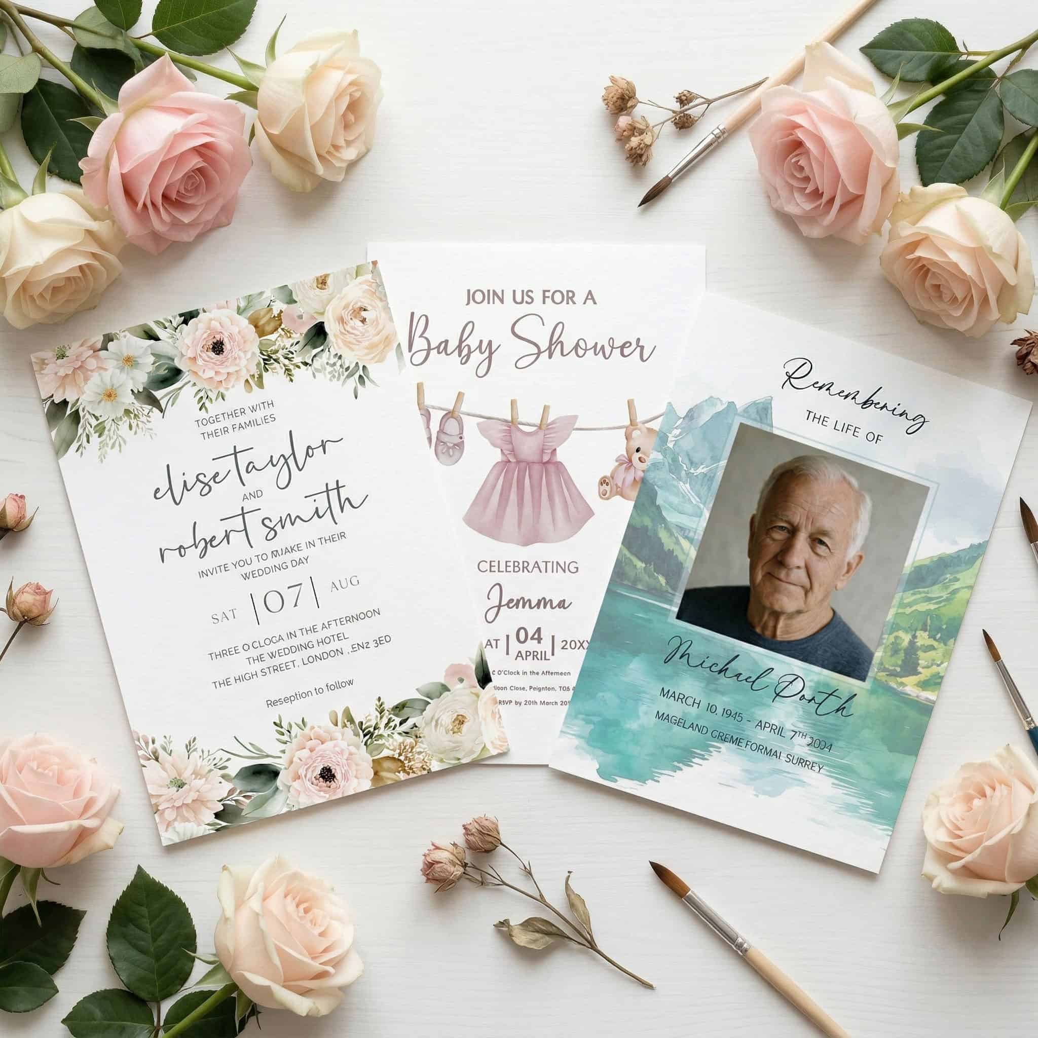 Event stationery including baby shower, funeral and weddings
