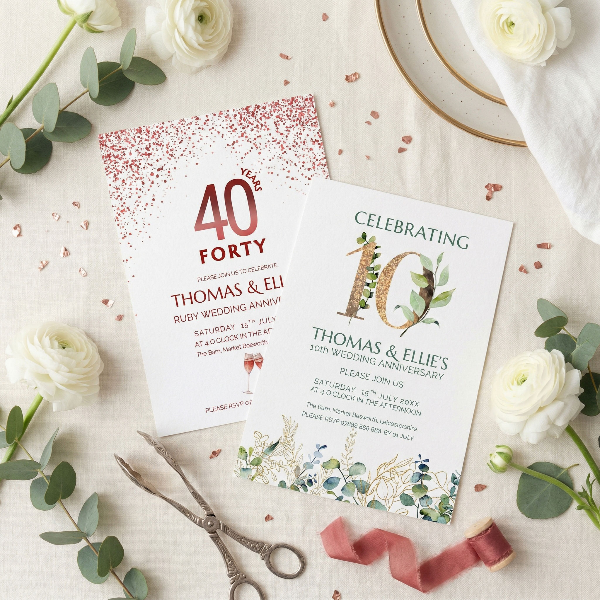 anniversary party stationery. the photo shows 2 landmark anniversary invitations for a 40th and 10th anniversary party