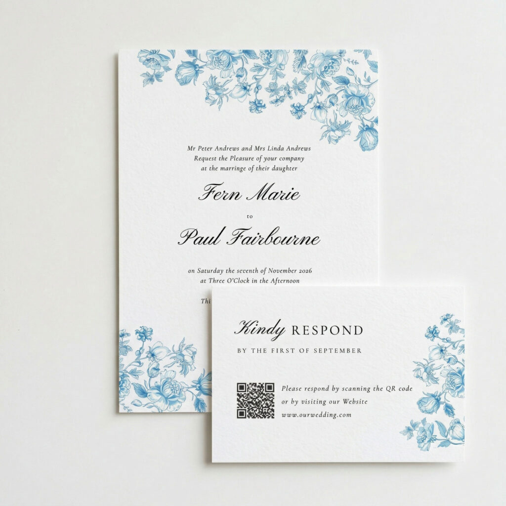 blue rose toile wedding invitation and RSVP card from a wedding suite