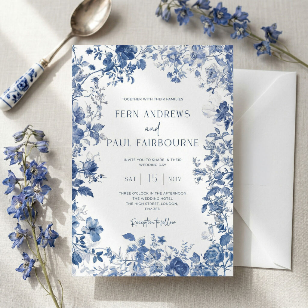 blue toile invitation with envelope