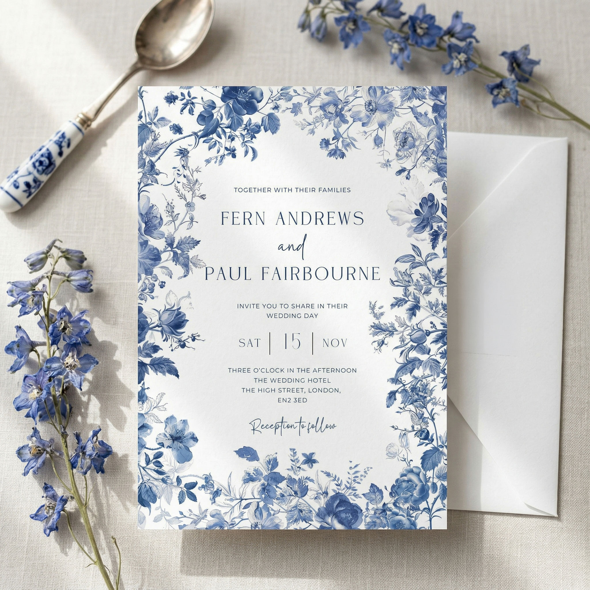 blue toile invitation with envelope
