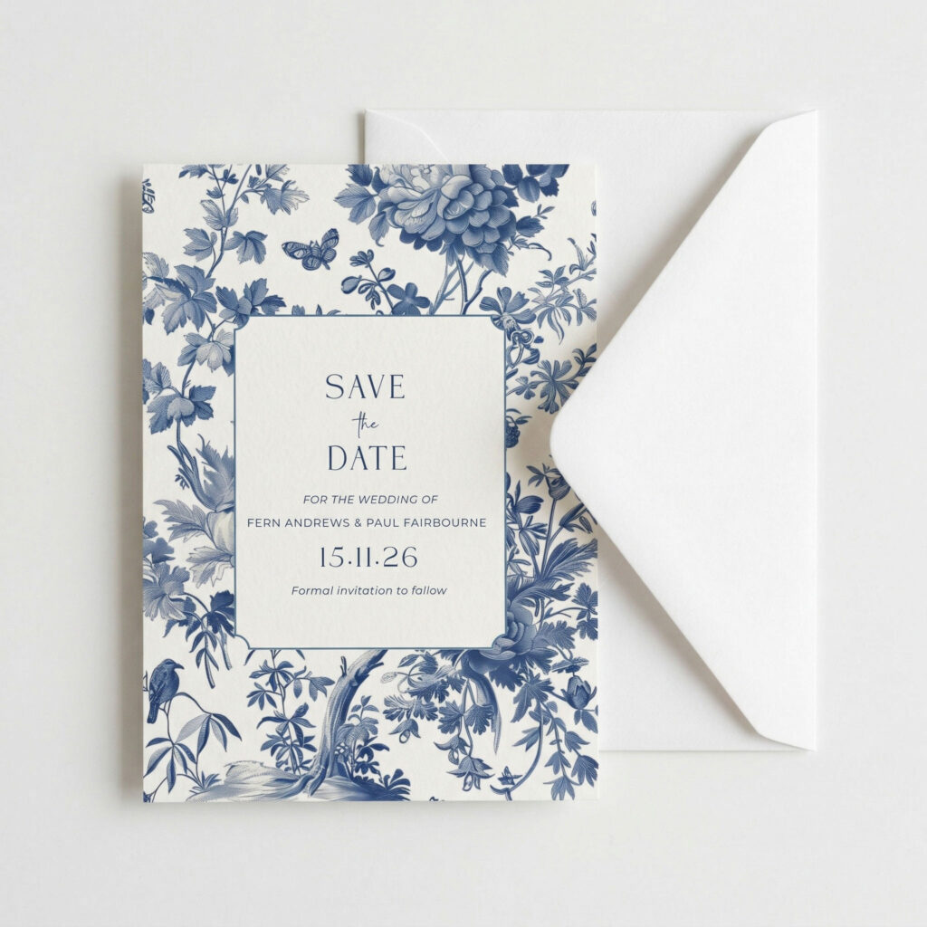 blue toile save the date card with white envelope