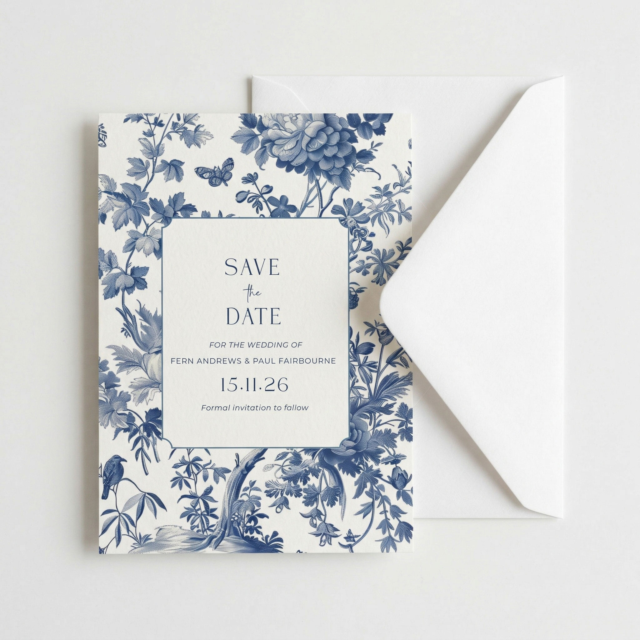 blue toile save the date card with white envelope