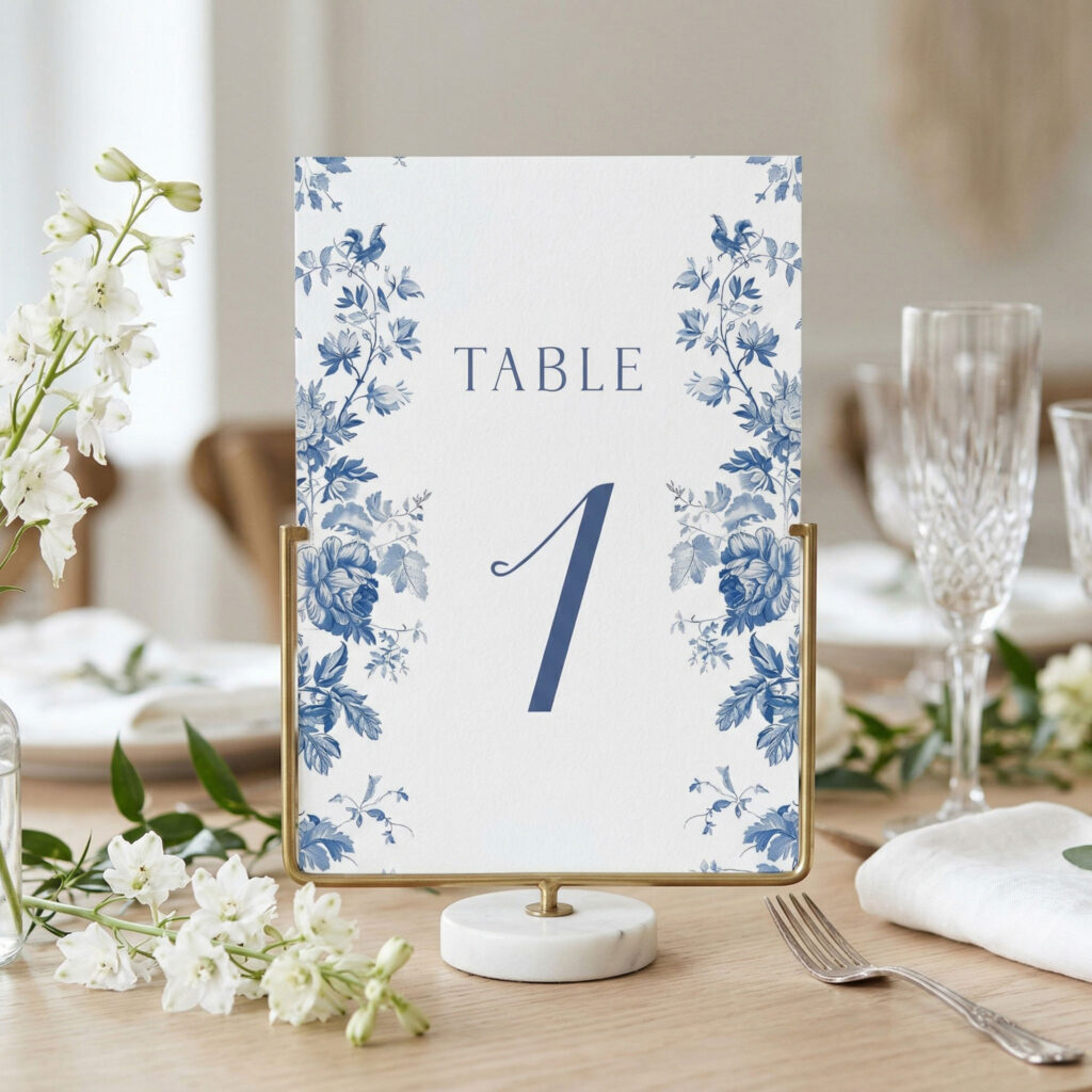 A wedding table number sign in a blue toile design