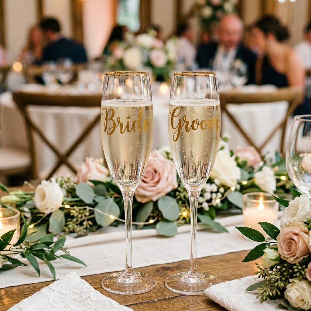 2 champagne glasses in a wedding scene with vinyl decals saying bride and groom