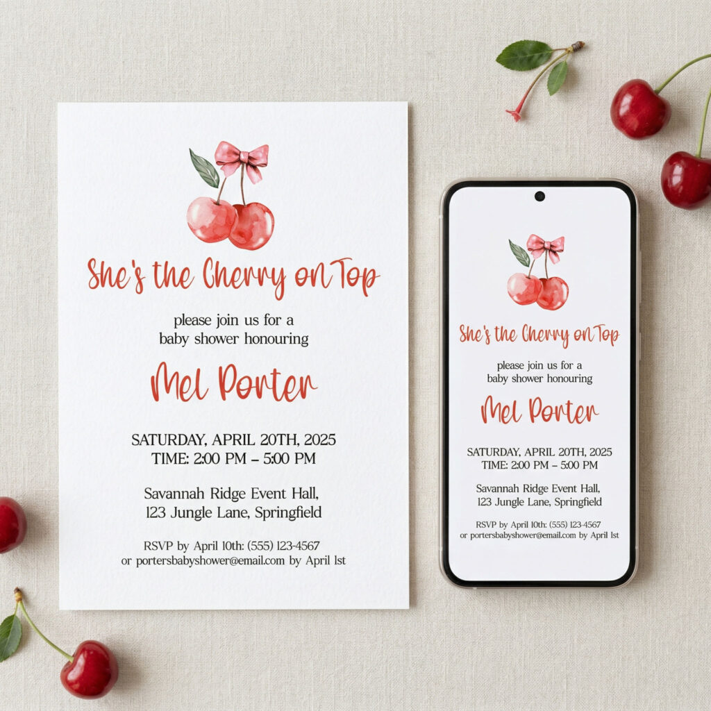 cherry on the top baby shower stationery