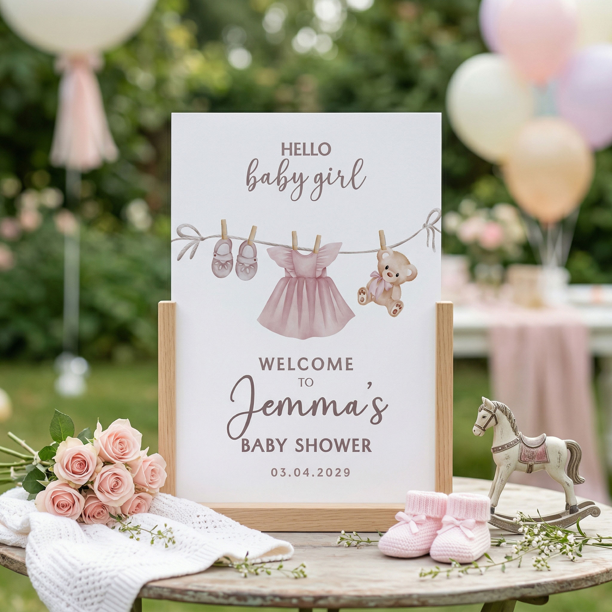 a clothes line baby shower sign on a table