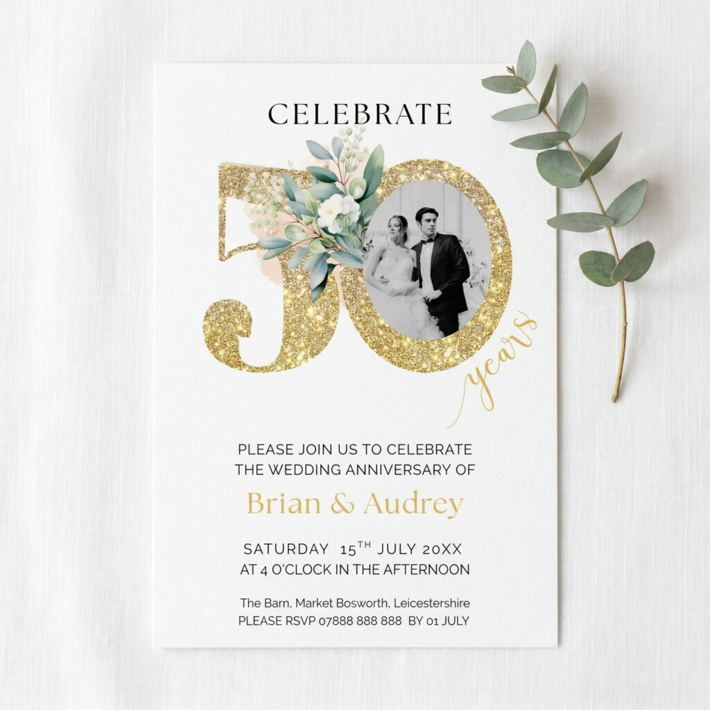 a 50th wedding anniversary card with eucalyptus design and black and white photo of the couple