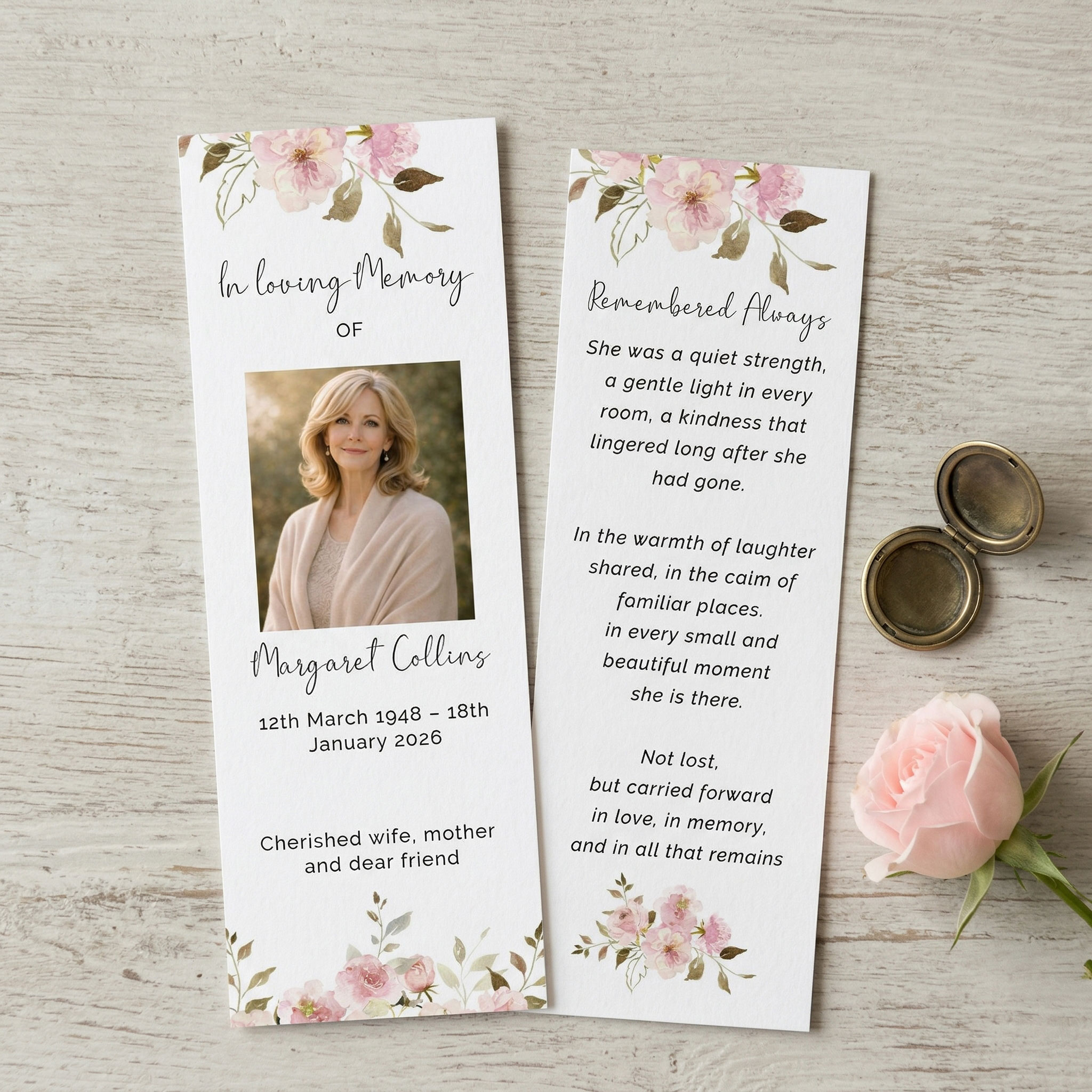 A front and back view of a funeral bookmark with pink floral design