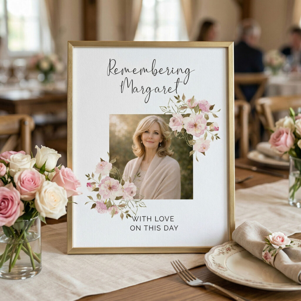 A funeral reception table sign with a photo of the deceased. Part of our funeral stationery collection