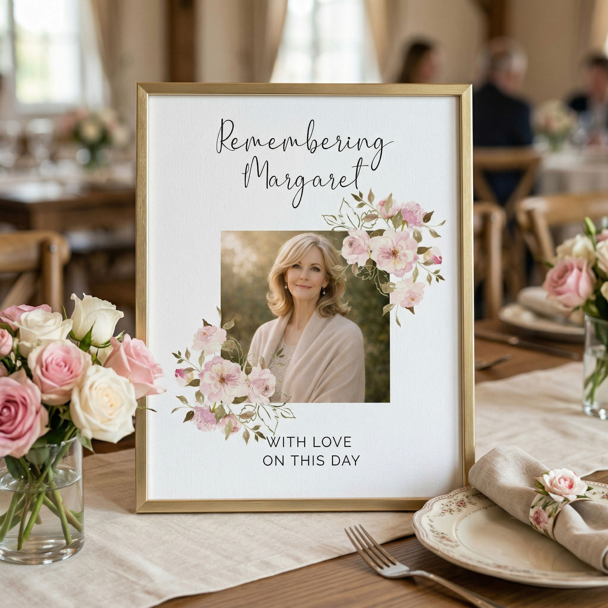 A funeral reception table sign with a photo of the deceased