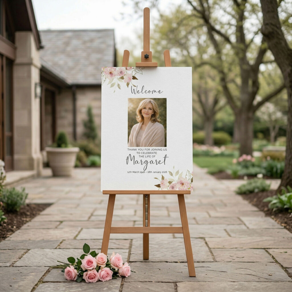a funeral welcome sign with soft pink roses, on a wooden easel, outside a crematorium