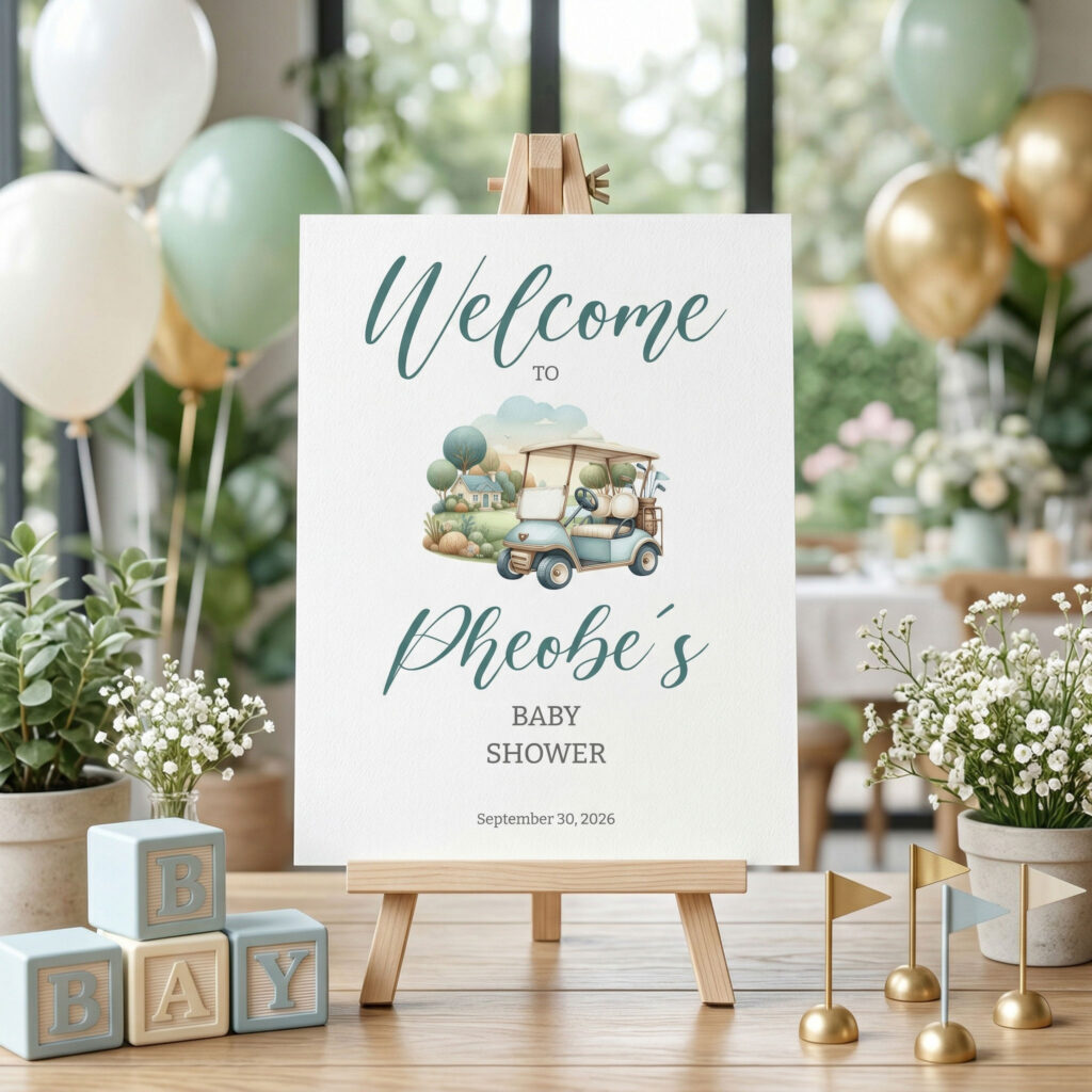 A baby shower welcome sign on an easel. The sign has a golf theme with the tag line let's partee