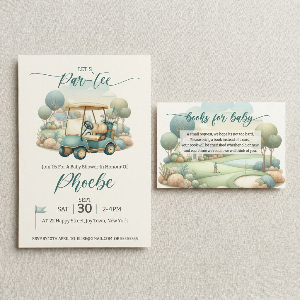 a baby shower invitation and a books for baby card on a neutral background