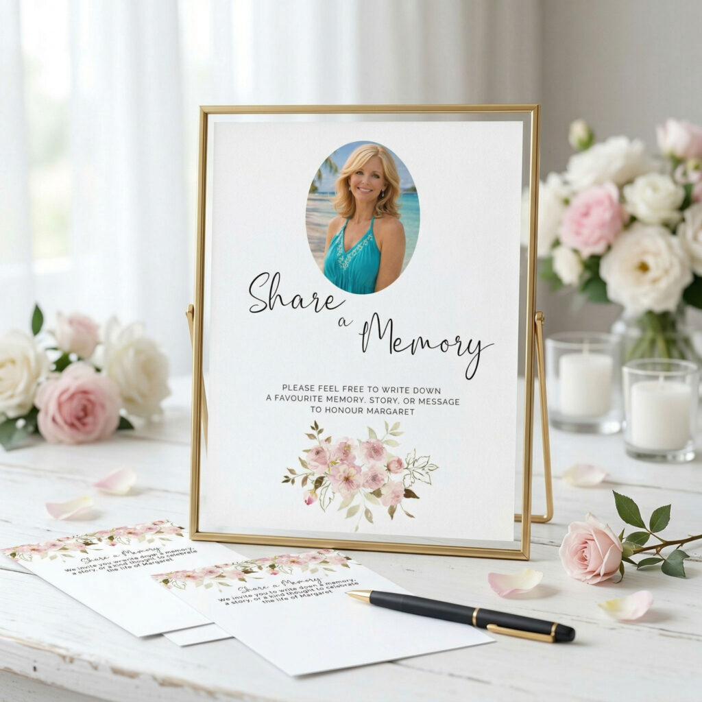A table sign for share a memory cards at a celebration of life ceremony