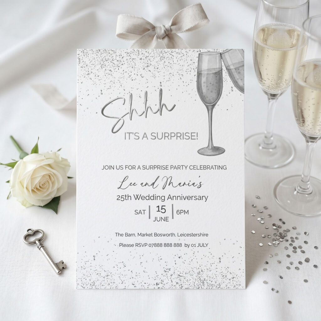 Its a surprise anniversary invitation with 2 champagne glasses on the table.