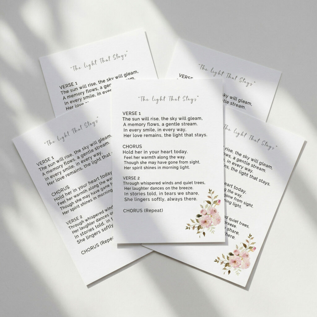 A flat lay of song sheets for a funeral service, with soft pink roses embellishment