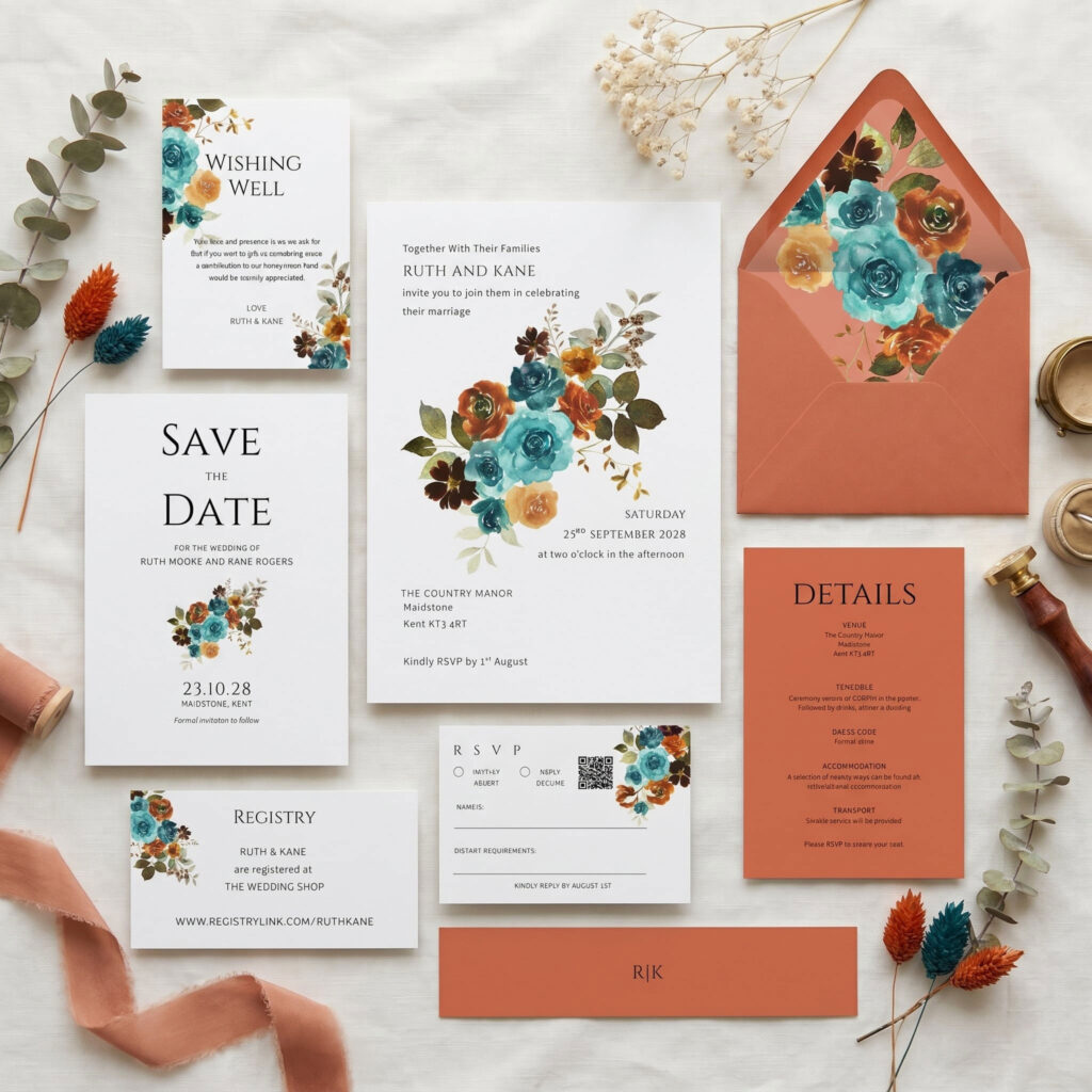 A teal and teracotta wedding suite
