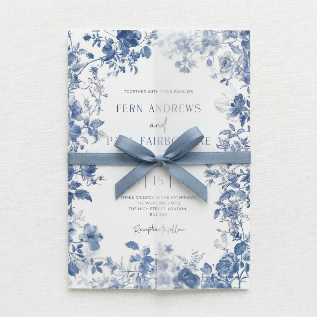vellum wrap on blue toile invitation