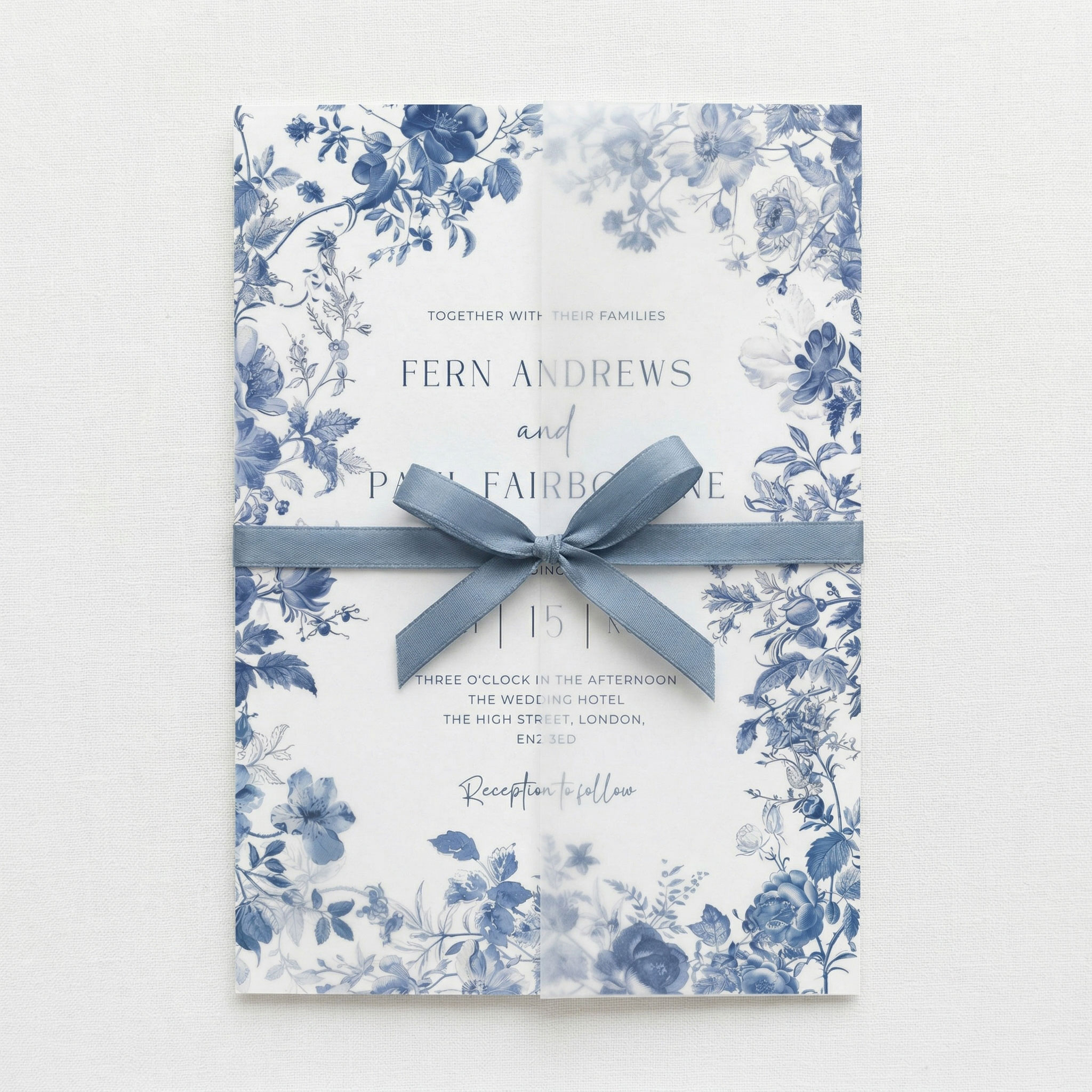 vellum wrap on blue toile invitation