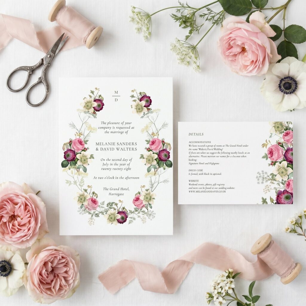 A vintage style wedding invitation with pink and burgundy roses