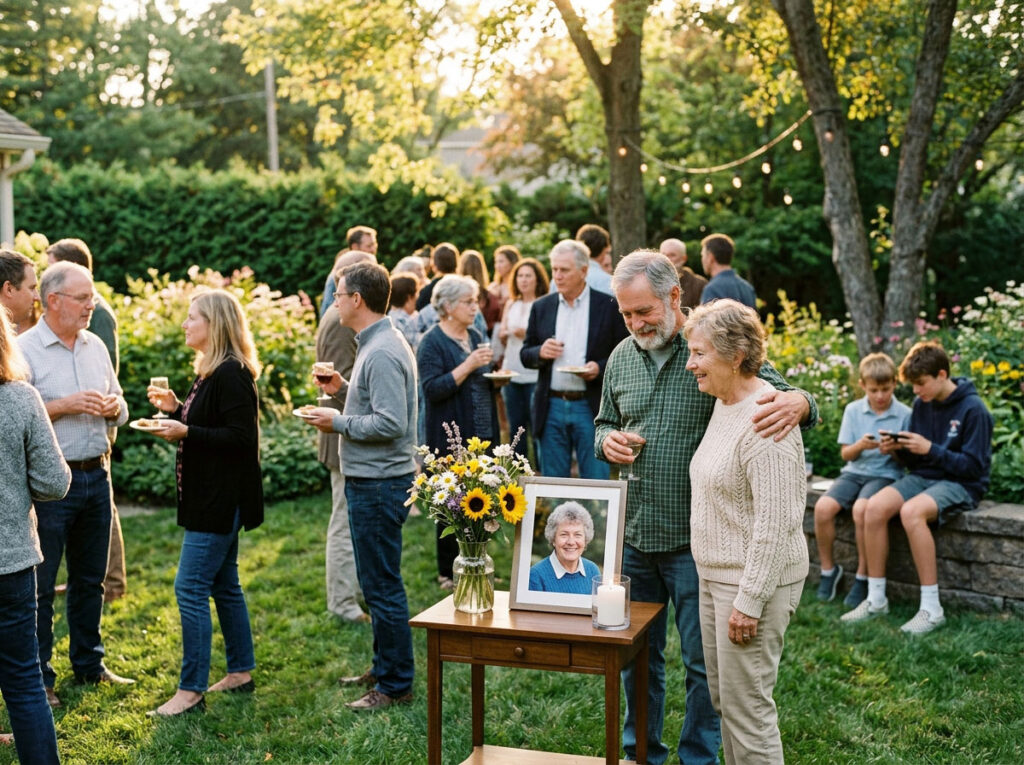 A family gather together at a celebration of life in a garden to remember their dead loved one