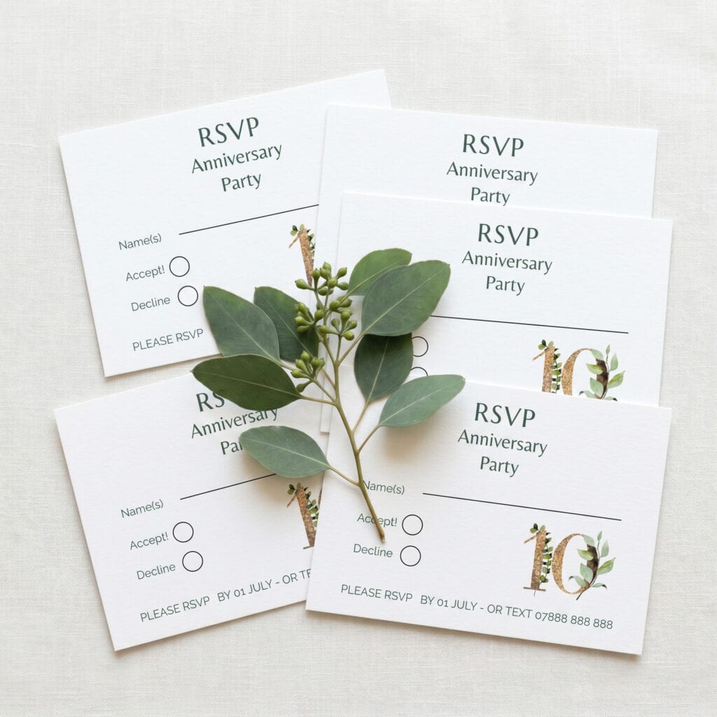 anniversary party RSVP cards with eucalyptus