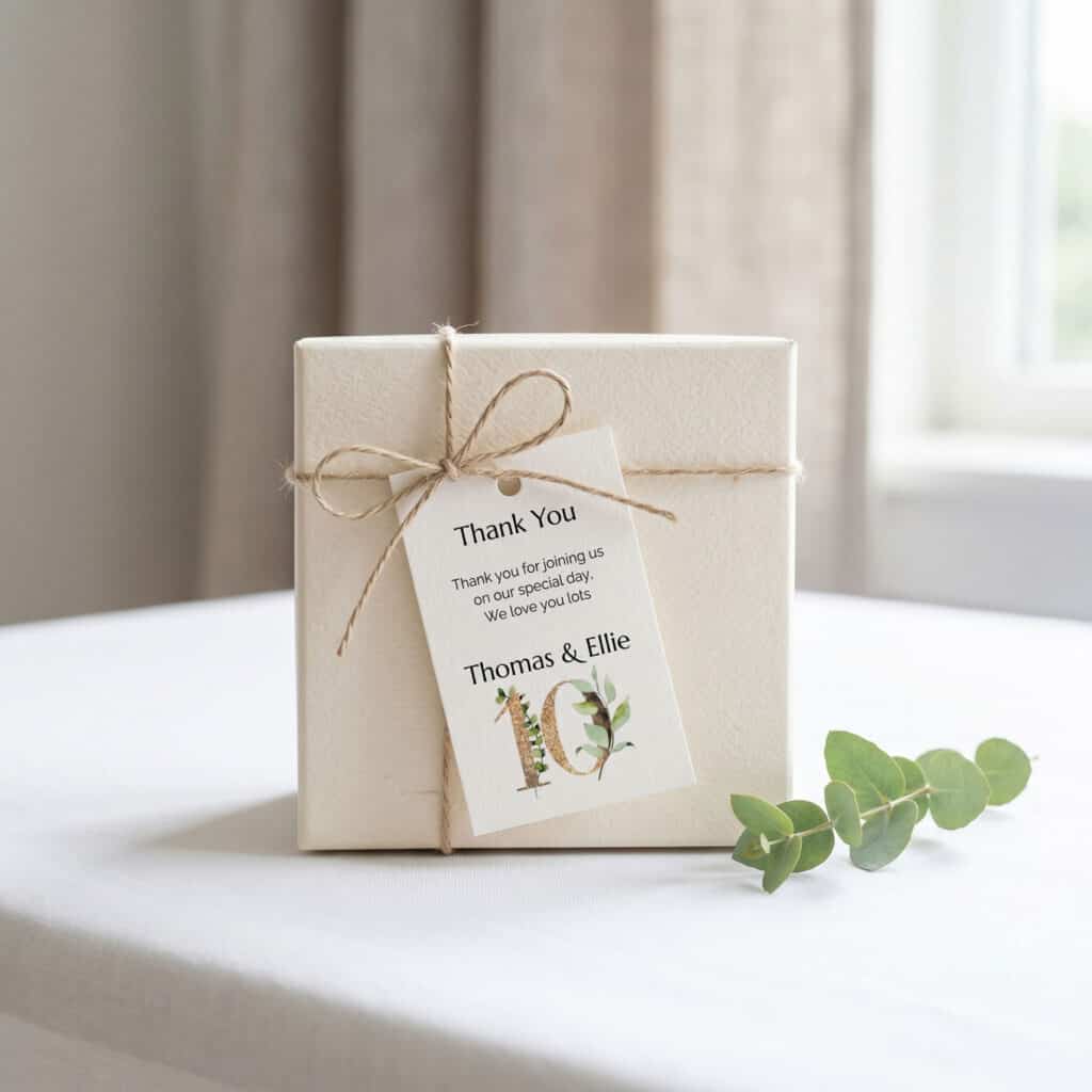 anniversary party thank you tags with eucalyptus