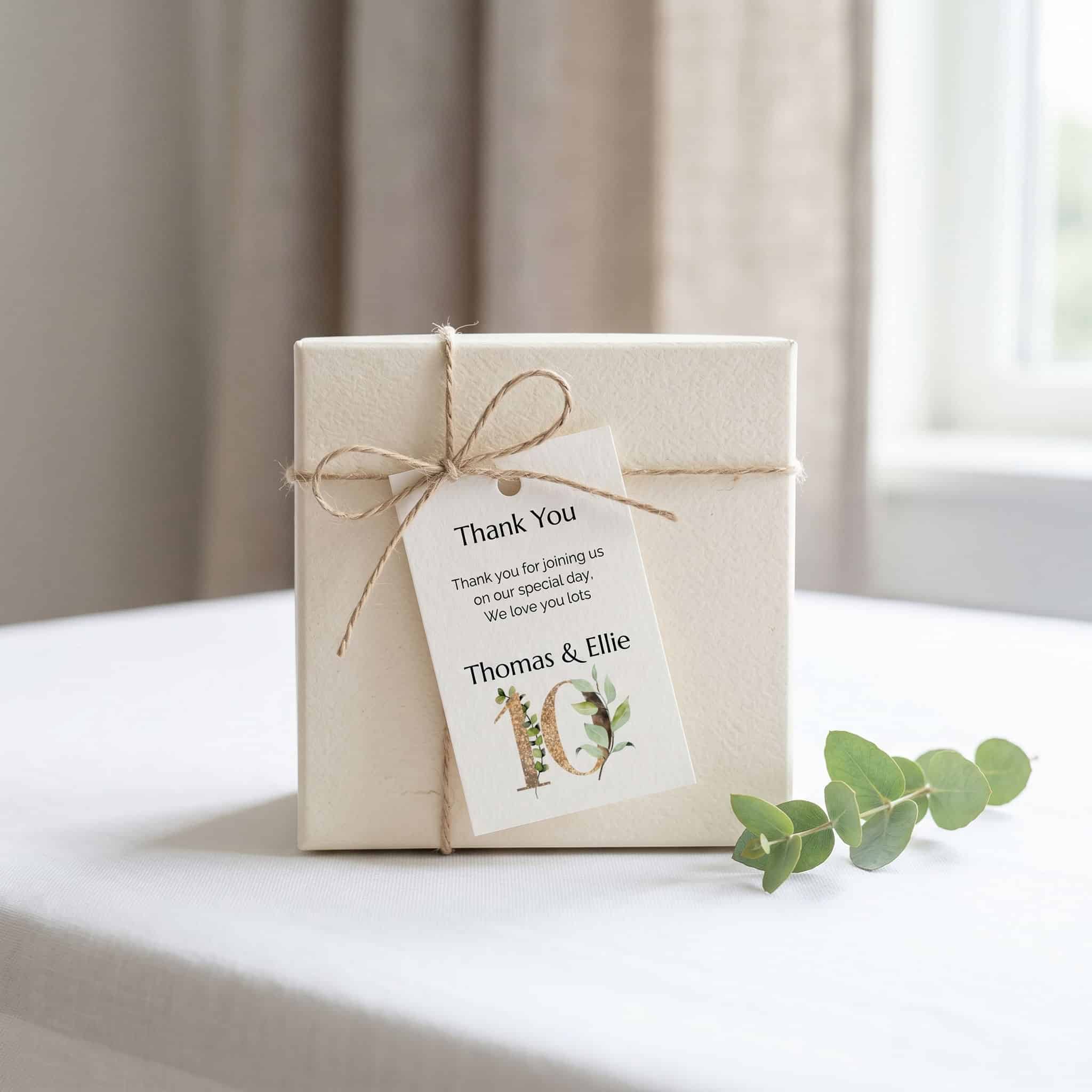 anniversary party thank you tags with eucalyptus