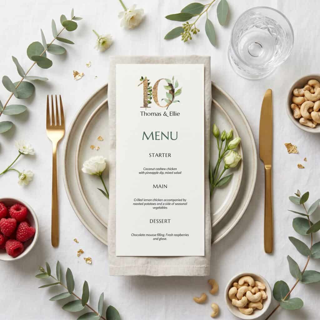 anniversary party menu with eucalyptus