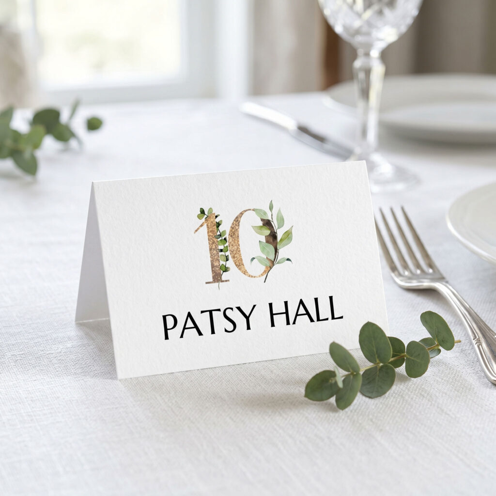 anniversary party place card with eucalyptus